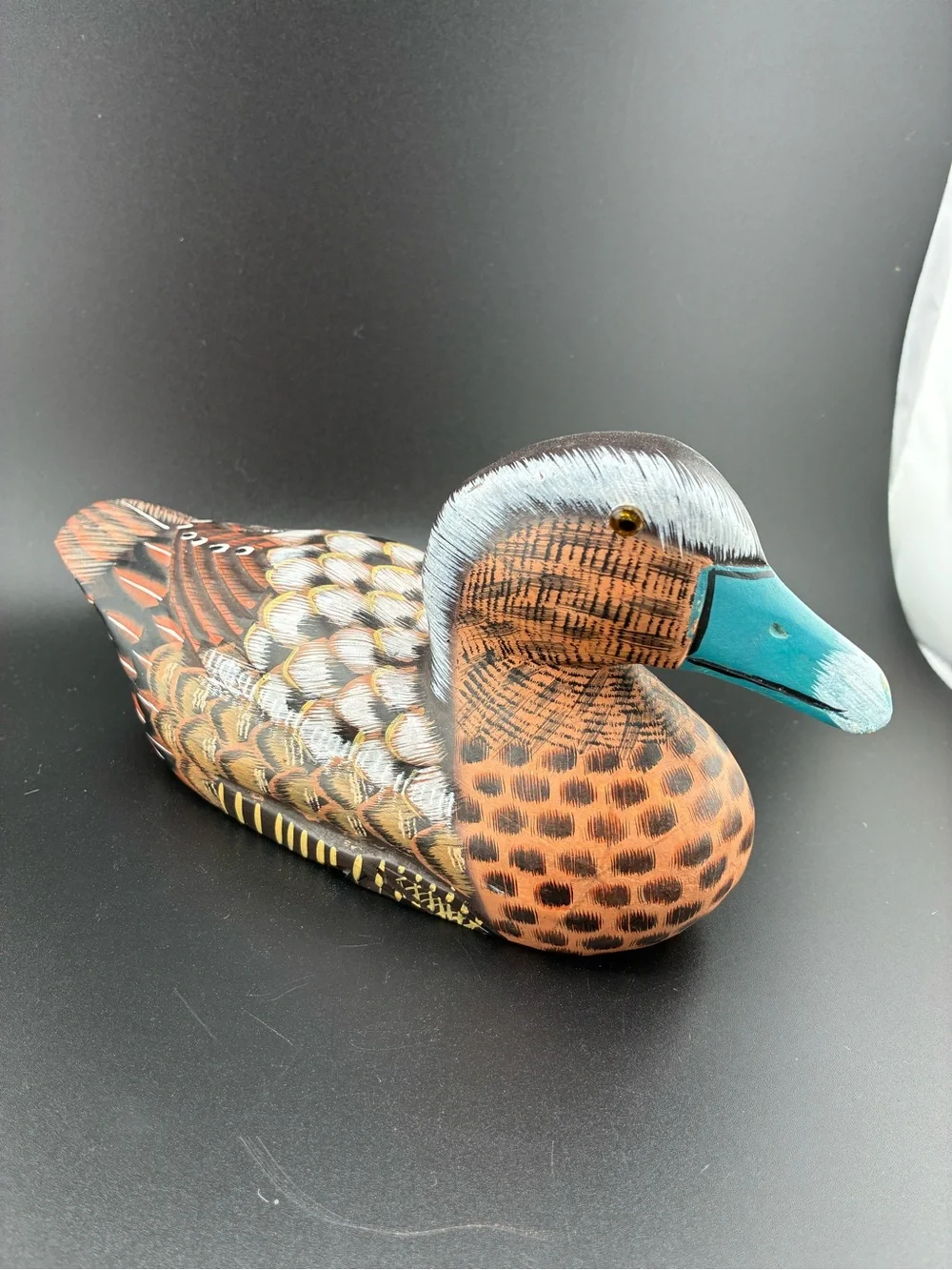 Hand-Painted wood Decorative Duck Figurine in Teal and Brown
